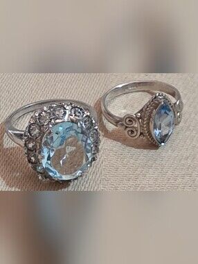 2 VINTAGE ANTIQUE BLUE TOPAZ RINGS SIZE 5.5 AND 7 925 STERLING SILVER SETTINGS